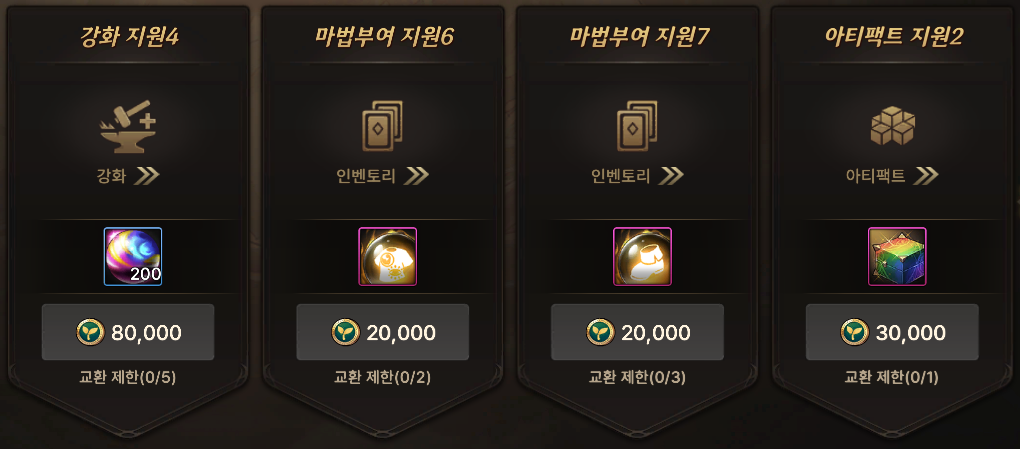 강화 지원4·마법부여 지원6·7·아티팩트 지원2 목록