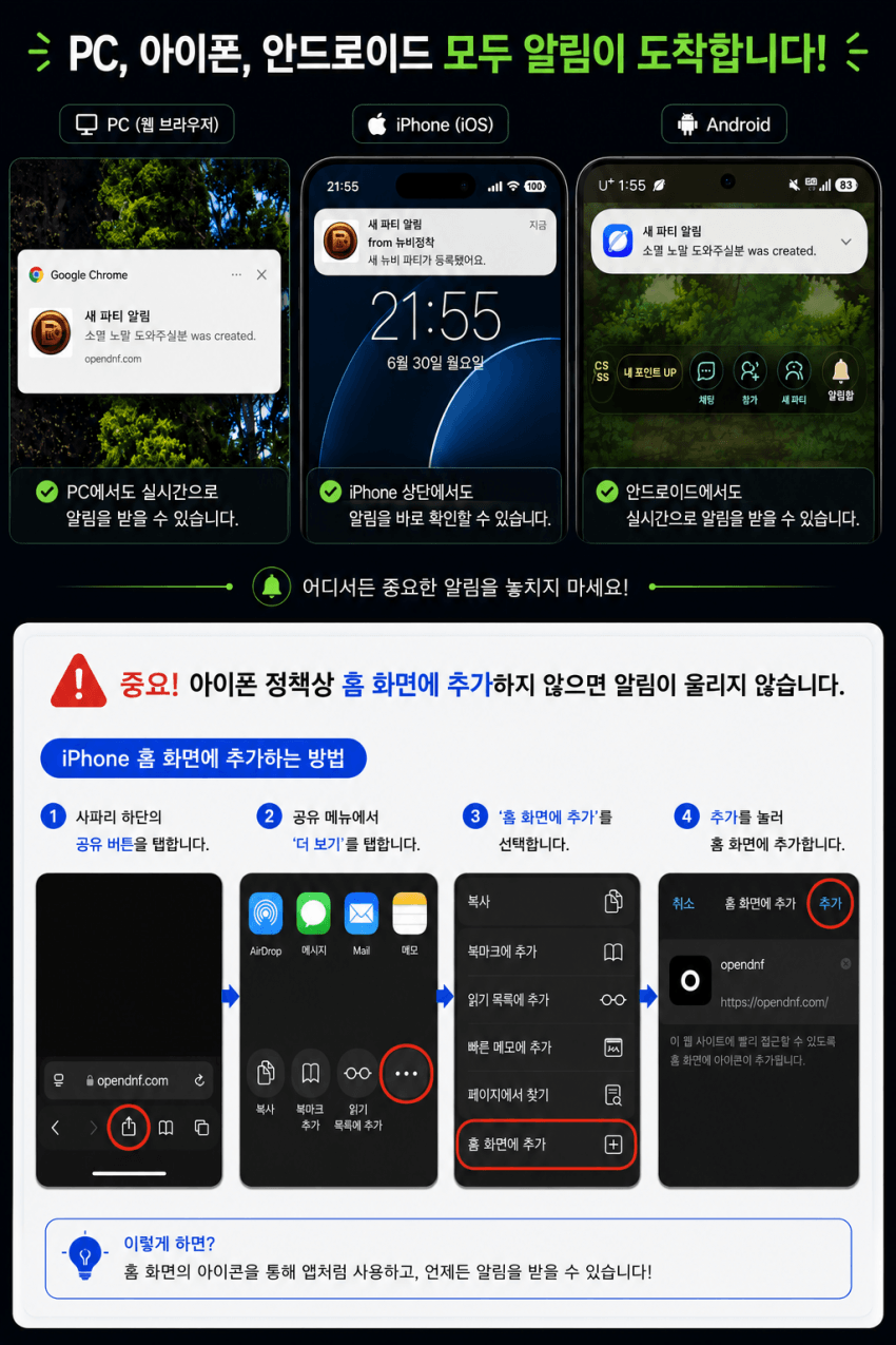 PC, iPhone, Android 알림 도착 예시와 iPhone 홈 화면 추가 방법